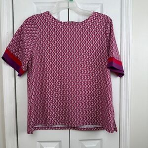 Chicos Size 2 L Pink Purple Geometric Print Zipper Neck 3/4 Sleeve Tunic‎ Top
